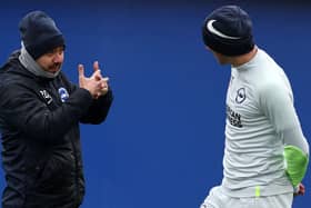 Brighton boss Roberto De Zerbi talks tactics with Pascal Gross ahead of Saturday's clash against Everton