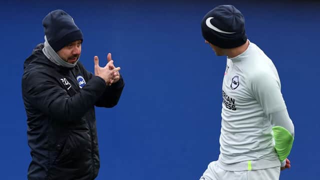 Brighton boss Roberto De Zerbi talks tactics with Pascal Gross ahead of Saturday's clash against Everton