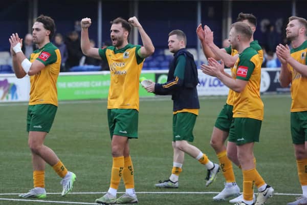 The Horsham players show their appreciation to the fans after Saturday's excellent win at Billericay Town. Picture by John Lines