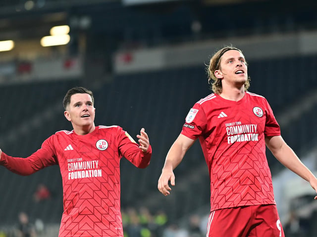 GOAL Crawley Town forward Danilo Orsi (9) scores a goal and celebrates with Crawley Town midfielder Liam Kelly (4) 1-3 during the EFL Sky Bet League 2 play-off second leg match between Milton Keynes Dons and Crawley Town at stadium:mk, Milton Keynes, England on 11 May 2024.:Crawley Town hammered MK Dons 5-1 - and 8-1 on aggregate - to reach the League Two play-off final Wembley. Photographer Dennis Goodwin/Pro Sport Images was there to catch the action, the crowd and the celebrations