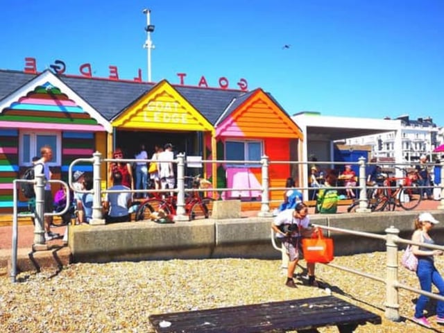Goat Ledge, on the lower promenade near Warrior Square, St Leonards, is a great place to relax right by the sea and enjoy freshly cooked food and a range of drinks from coffee to cocktails. If the weather is unkind Goat Ledge also has some cosy enclosed beach hut style booths.