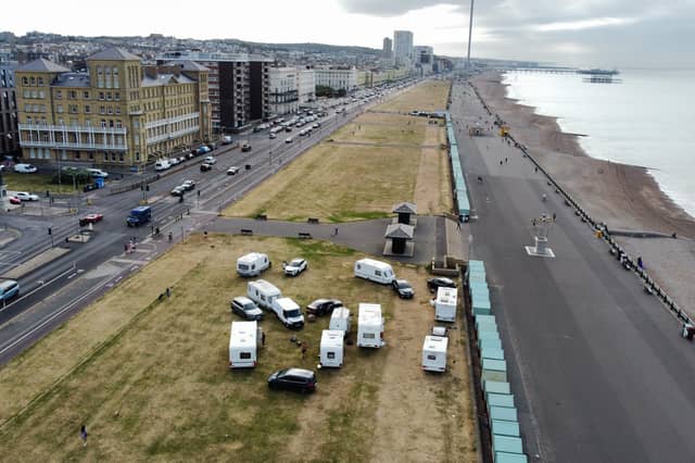 These aerial photographs show caravans and several other vehicles on Hove Lawns