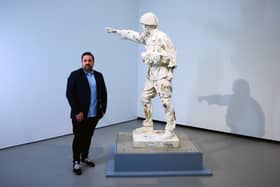 Joe with Rakowitz sculpture April is the cruellest month - pic by Will Barrett