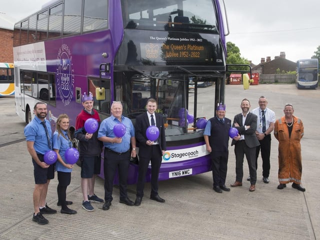 Joel Mitchell and staff from Stagecoach’s Hastings depot with the jubilee bus. Picture: Stagecoach South East