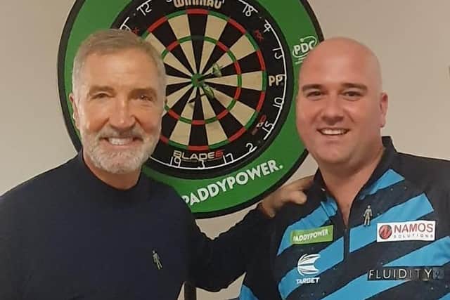 Hastings’ Rob Cross, pictured with football legend Graeme Souness, is among a field of players aiming to help raise £1 million for Prostate Cancer UK. Picture: submitted