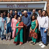 Alka Sthankiya and her in-laws, Jyotibhai and Indumati Sthankiya, centre, with their family outside Mansell Road Post Office on her last day