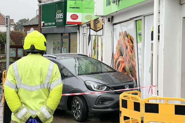 Aftermath of a collision involving a car and the Co-op store in Ferring Street. Photo: Eddie Mitchell