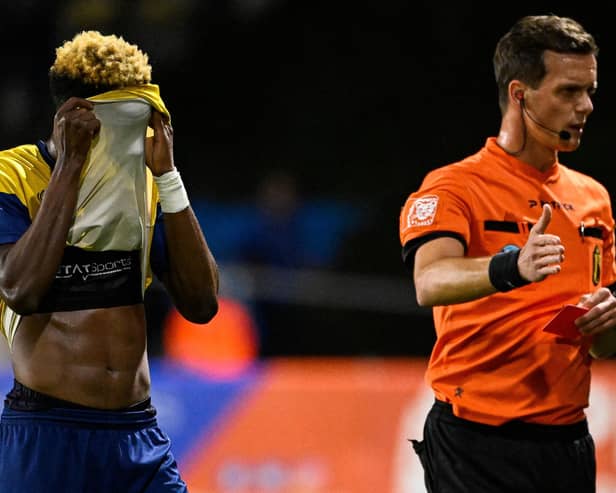 Brighton & Hove Albion winger Simon Adingra was shown a controversial red card for Belgian loan club Royale Union Saint-Gilloise during their 2-2 draw at home to Jupiler Pro League title-holders Club Brugge on Saturday. Picture by LAURIE DIEFFEMBACQ/BELGA MAG/AFP via Getty Images