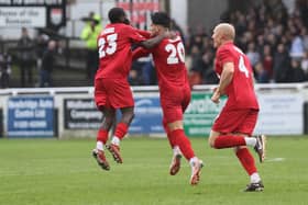 Worthing celebrate one of the goals that beat Bath City last Saturday | Picture: Mike Gunn