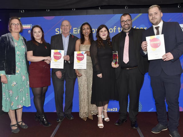 Pictured is: (left) Elizabeth Flegg from the South East Apprenticeship Ambassador Network presenting the SME Employer of the Year award to (second and third from right) Silver Lining Convergence and highly commended nominees in this category.