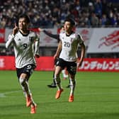 Kaoru Mitoma celebrates after scoring Japan's first goal during the international friendly against Colombia. Picture by Kenta Harada/Getty Images