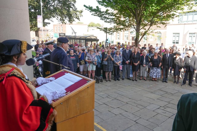 Crowds gathered outside Worthing Town Hall to hear the mayor, Henna Chowdhury, read the proclamation of King Charles III at 2.30pm. Photo: Eddie Mitchell