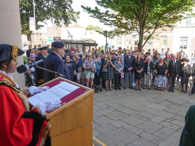 Crowds gathered outside Worthing Town Hall to hear the mayor, Henna Chowdhury, read the proclamation of King Charles III at 2.30pm. Photo: Eddie Mitchell