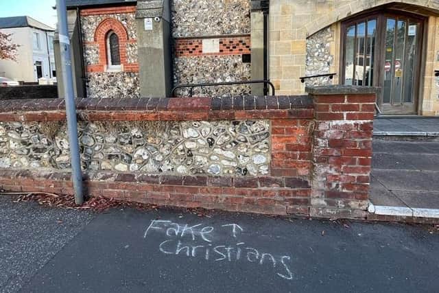The message was twice written in chalk on the public pavement outside Worthing Baptist Church in Christchurch Road. Photo: Worthing Baptist Church