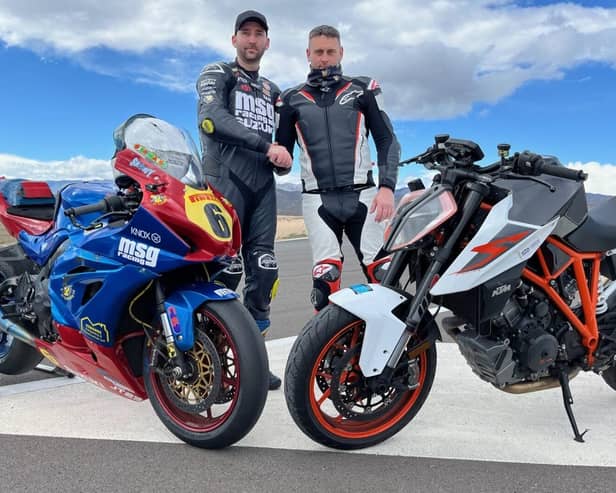 Sam Osborne and sponsor Andy Fyfe at test track in Andalucia