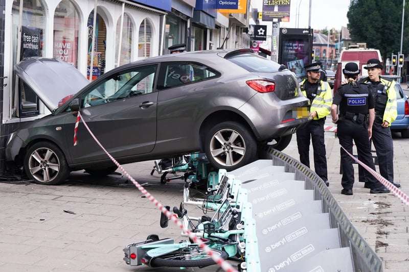 A car has crashed into a high-street shop on London Road in Brighton leading to severe delays on the city’s roads.