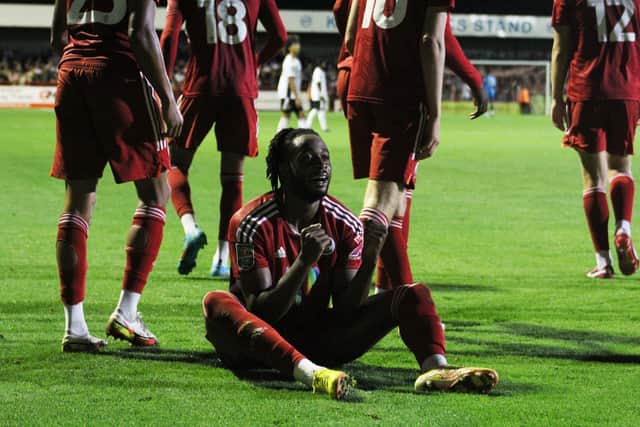 James Balagizi celebrates his goal against Fulham. Picture by Cory Pickford