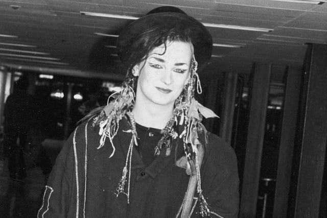 British singer Boy George arrives at Heathrow Airport, London, England, November 21, 1983. (Photo by Express Newspapers/Getty Images)