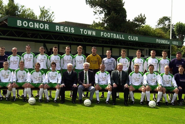 Bognor Regis Town Football Club players and officials (rear left to right)Bernie Gumbrell kit manager, Graham Vick coach, Guy Rutherford, Matt Russell, David Wright, Kevin Murphy, Rupert Sansome, Tom Foster, Graig Stoner, Pat Lawrence, Daniel Beck, Jody Rowland, Tom White, Richard Brown, Eddie Broadbent groundsman, Duncan Lampard kit manager. (front row left to right)Graham Bradford mascot, Richard Hudson, Jamie Howell, David Birmingham, Lou Savage, Jack Pearce manager, Tom Martin chairman, Michael Birmingham captain, Pete Helsby secretary, Steve Sargent, John Price, David Piper and Heidi Simpson physio.