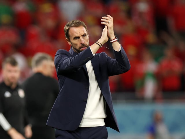 DOHA, QATAR - NOVEMBER 29: Gareth Southgate, Head Coach of England, applauds fans after the 3-0 win during the FIFA World Cup Qatar 2022 Group B match between Wales and England at Ahmad Bin Ali Stadium on November 29, 2022 in Doha, Qatar. (Photo by Francois Nel/Getty Images)