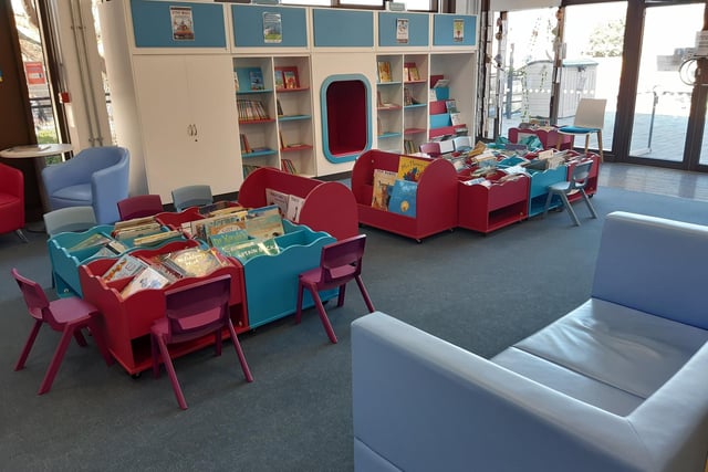 The children's library, with a door leading out to the new garden area