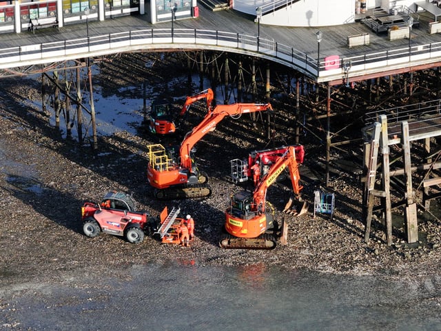 With full repair works unable to start until mid-November, the council is 'having an interim repair done' to help the remaining piles to support the weight of the pier.