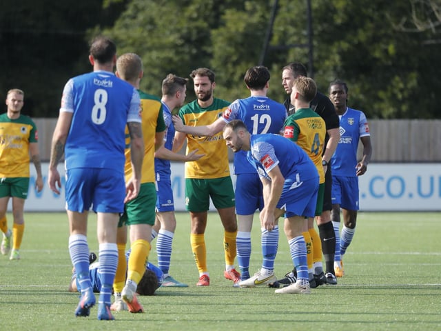 Action from Horsham's 2-0 home defeat to Bishop's Stortford in the Isthmian Premier on Saturday