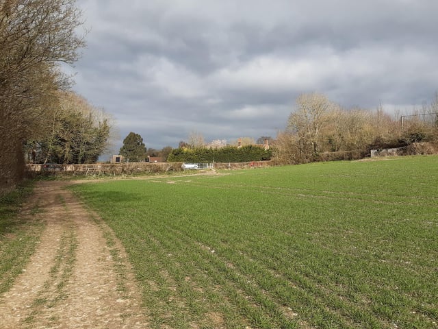 Follow the path around the next field, walking towards a metal gate