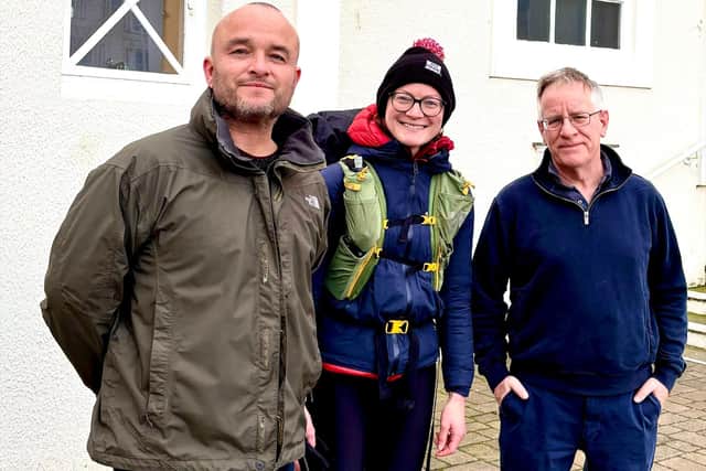 Claire arrived in Worthing on Tuesday, December 12 – where she was greeted by councillors Carl Walker (left) and John Turley (right). Photo contributed