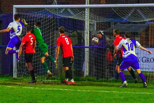 Haywards Heath score one of the three goals that saw off Saltdean | Picture by Ray Turner