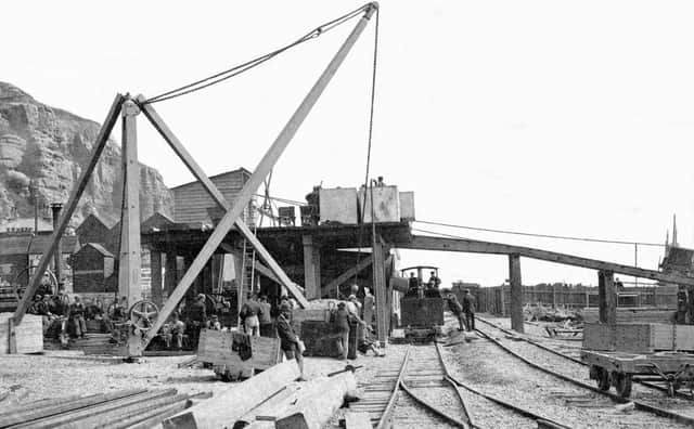 Building the harbour at Hastings in 1896.