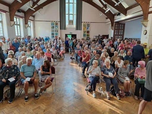 More than 300 people packed into St John’s Parish Hall on June 26 for a public meeting organised by Save Our Meads Sports Centre (SOMS) to help keep Denton Road Sports Centre facilities open as Brighton University is set to leave Eastbourne next summer. Picture courtesy of Martin Webber on behalf of SOMS Committee