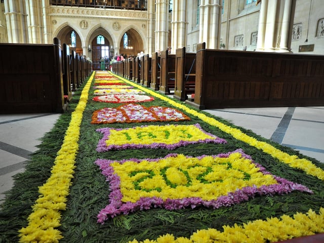 Arundel Cathedral is celebrating the feast of Corpus Christi with the magnificent festival of flowers which started 150 years ago, featuring a world famous Carpet of Flowers in the central aisle of the Cathedral. Pic S Robards SR2306071