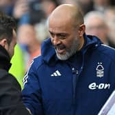 Brighton's Italian head coach Roberto De Zerbi (L) greets Nottingham Forest's Portuguese manager Nuno Espirito Santo ahead of the Premier League clash