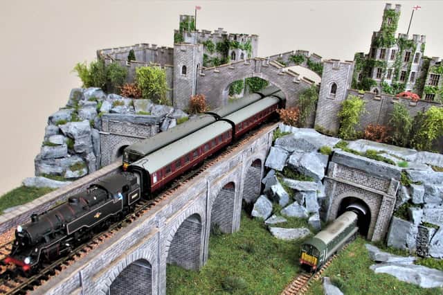 Castle Rise, a 28ft long model railway layout that inclines 1 in 55 up to a castle