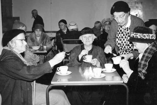 Drinking tea and chatting at Methold House in Worthing in 1962
