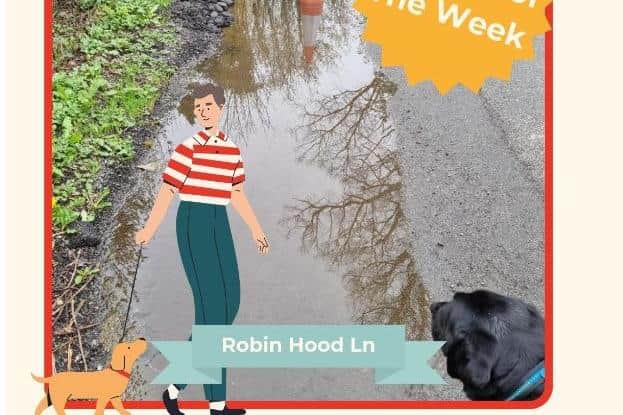 Robin Hood Lane in Horsham has been named as the location of 'pothole of the week'