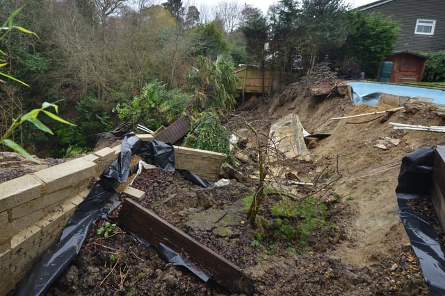 Landslip at Old Roar Gill: The garden of a house at Foxcote.