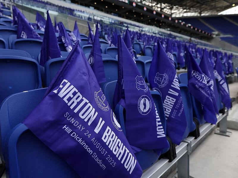 Flags are pictures on spectator's seats ahead of the English Premier League football match between Everton and Brighton and Hove Albion at Hill Dickinson Stadium