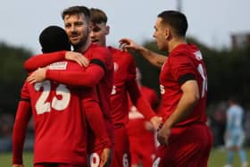 Worthing celebrate on the way to beating Eastbourne Borough | Picture: Mike Gunn