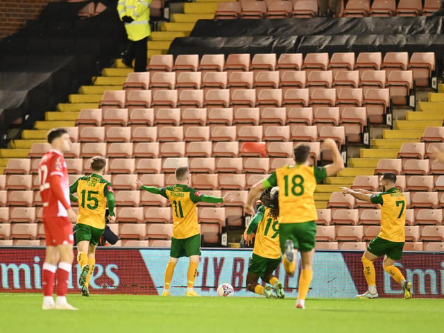 Tom Richards of Horsham celebrates his goal to make it 3-3 during the Emirates FA Cup First Round match between Barnsley and Horsham at Oakwell Stadium.
