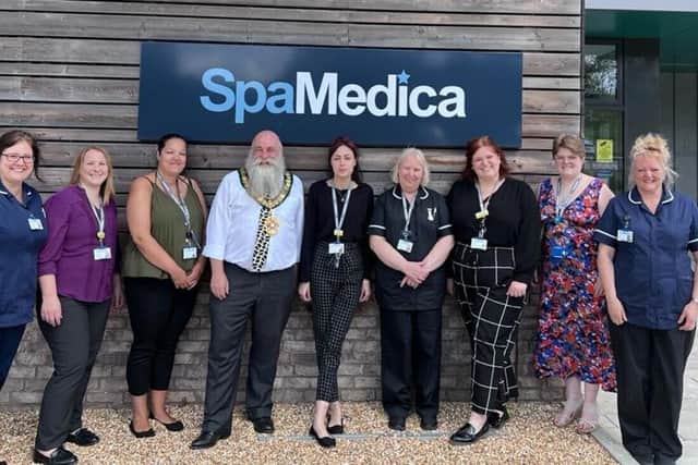 SpaMedica Bexhill staff with Bexhill mayor Paul Plim, at the hospital's launch event. Pictured left to right are Jane Langham, Johanna Munn, Tanya Crouch, Cllr Paul Plim, Emily-Jane Hammond, Fiona Evans, Paige Williamson, Charlotte Jones and Victoria Smith.