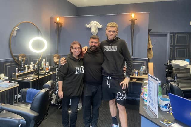 L-R: Marie Wheeler, Nikos Mariolis and Nathan Potts from Bullhead Barbers in Eastbourne