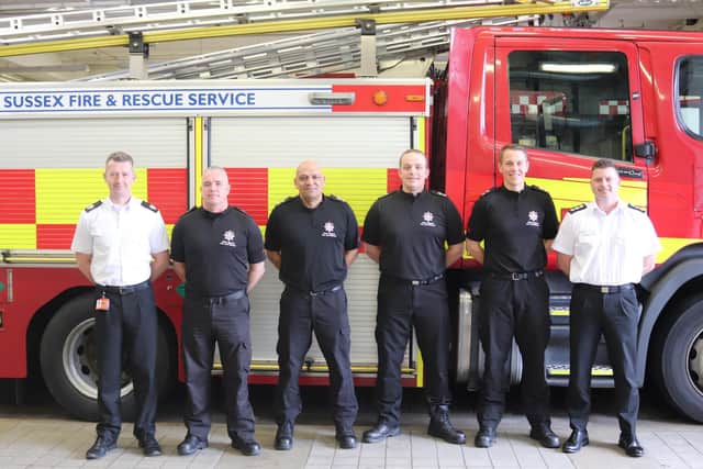From left: group manager for service delivery Mark Havell, watch manager at Shoreham Fire Station Steve Eames, watch manager at Haywards Heath Fire Station Shaun Beales, watch manager at Burgess Hill Fire Station James Crockett, watch manager at East Grinstead Fire Station Michael Gaunt and station manager for the four-day crewed stations Neil Fairhall. Photo: West Sussex Fire & Rescue Service