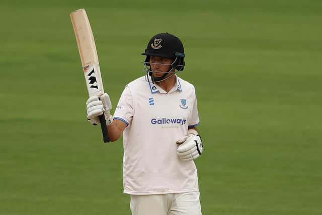 Ari Karvelas of Sussex celebrates his 50 during the LV= Insurance County Championship match between Middlesex and Sussex at Lord's | Picture: Julian Finney/Getty Images