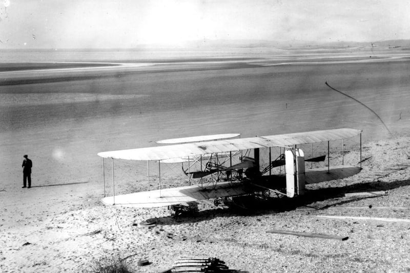 Alex Ogilvie's Wright flying machine perched on a slope ready for the launch at Camber Sands.