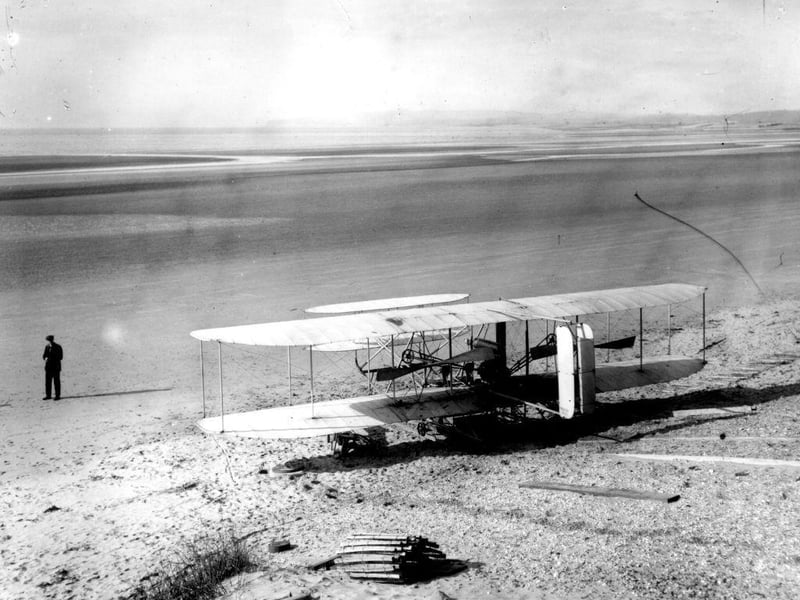 Alex Ogilvie's Wright flying machine perched on a slope ready for the launch at Camber Sands.