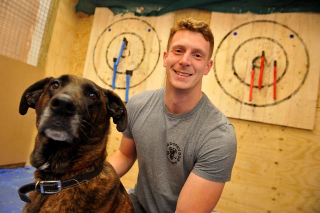 Owner Ed Haynes with his dog Stitch at Dopey Dog Axe Throwing at Dice and Drinks in Burgess Hill