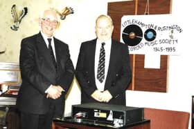 Michael Smith, left, chairman of the Federation of Recorded Music Societies, and Gerry Hayes, chairman of Littlehampton and Rustington Recorded Music Society at the 50th anniversary recital in 1995