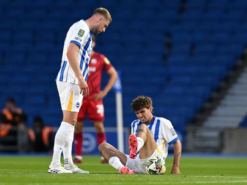 Down hurt just five minutes into his debut after a late challenge. Rotten luck for Matt O'Riley who suffers a serious-looking injury just five minutes into his Brighton debut. It came after a challenge by Crawley Town's Jay Williams. O'Riley didn't require a stretcher but he was hobbling heavily and shaking his head as he left the pitch
